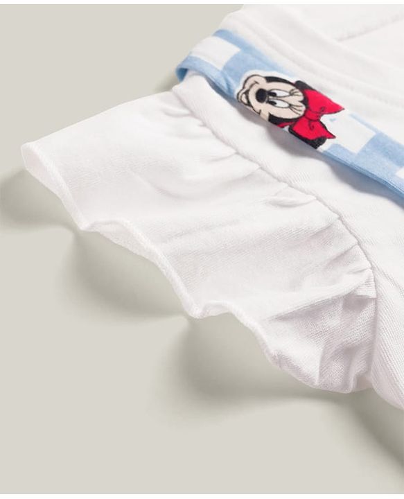 Babyhug Disney Half Sleeves Frill Detailing Dungaree Set With Minnie Mouse Graphic  - Light Blue