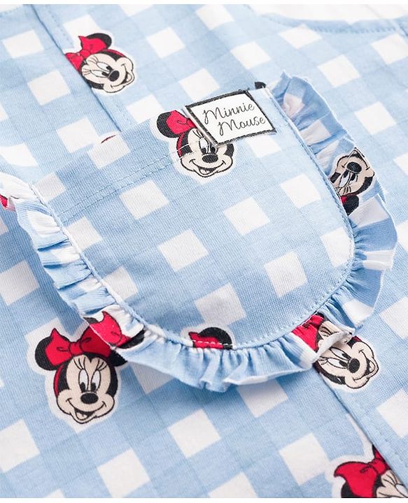 Babyhug Disney Half Sleeves Frill Detailing Dungaree Set With Minnie Mouse Graphic  - Light Blue