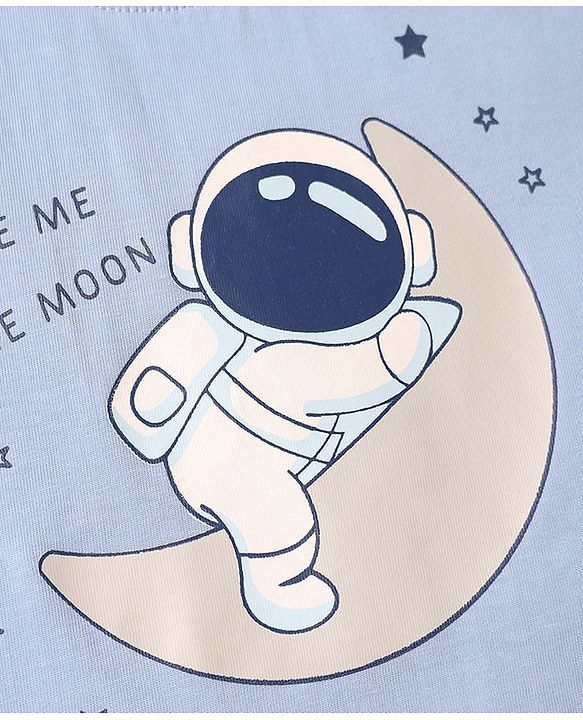 Babyhug Cotton Knit Half Sleeves T-Shirt & Pyjama Night Suit with Astronaut Print - Blue