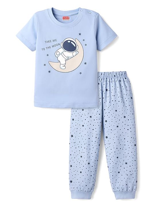 Babyhug Cotton Knit Half Sleeves T-Shirt & Pyjama Night Suit with Astronaut Print - Blue