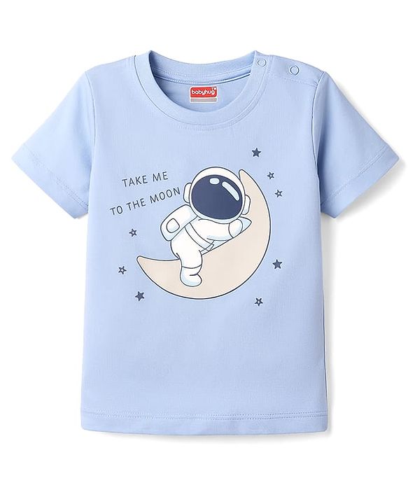Babyhug Cotton Knit Half Sleeves T-Shirt & Pyjama Night Suit with Astronaut Print - Blue