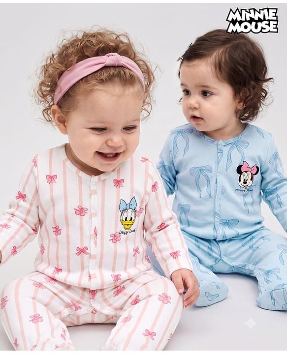 Babyhug Disney Interlock Knit Full Sleeves Footed Sleepsuits with Minnie Mouse & Donald Duck Graphic Pack of 2 - Light Blue