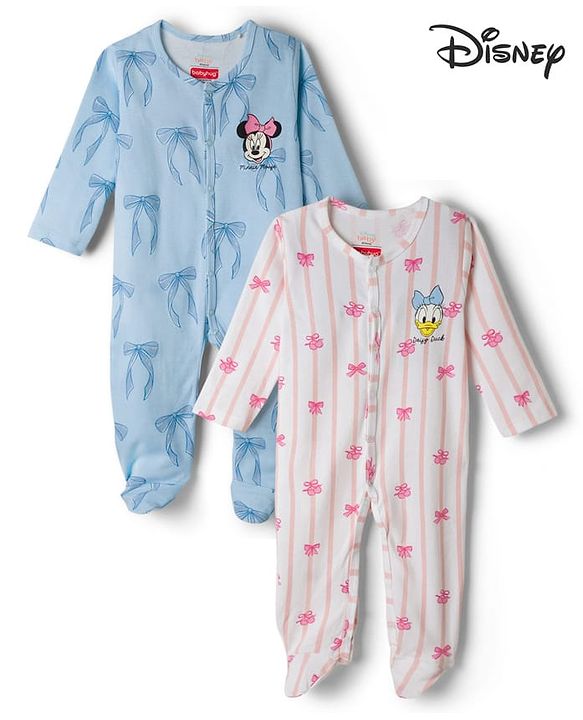 Babyhug Disney Interlock Knit Full Sleeves Footed Sleepsuits with Minnie Mouse & Donald Duck Graphic Pack of 2 - Light Blue