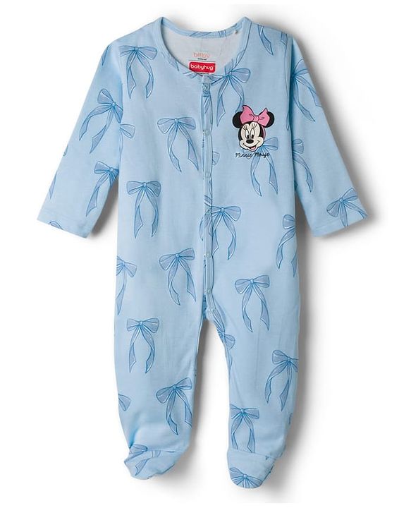 Babyhug Disney Interlock Knit Full Sleeves Footed Sleepsuits with Minnie Mouse & Donald Duck Graphic Pack of 2 - Light Blue