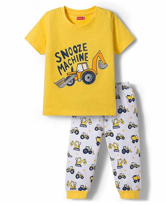 Babyhug Cotton Knit Half Sleeves T-Shirt & Pyjama Night Suit with JCB Print -  Yellow
