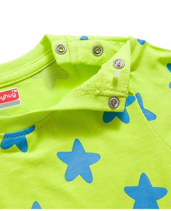 Babyhug Cotton Knit Full Sleeves T-Shirt & Pyjama Co-ord Night Suit with Star Print - Lime Green