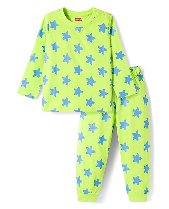 Babyhug Cotton Knit Full Sleeves T-Shirt & Pyjama Co-ord Night Suit with Star Print - Lime Green