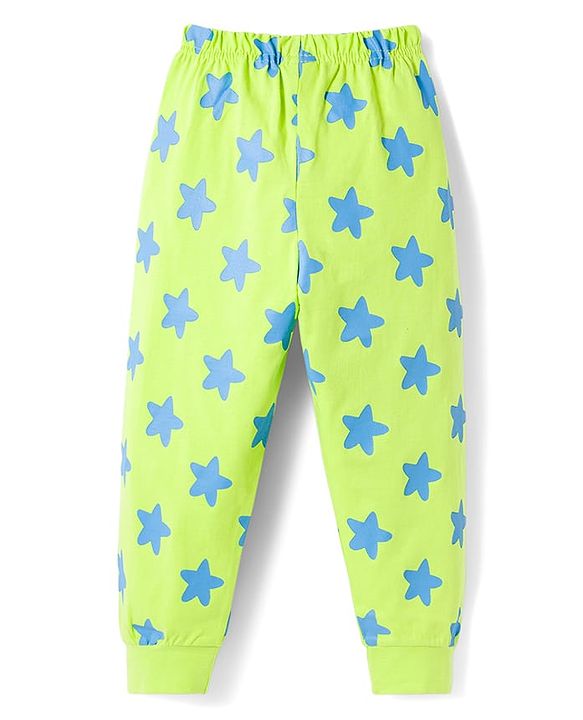 Babyhug Cotton Knit Full Sleeves T-Shirt & Pyjama Co-ord Night Suit with Star Print - Lime Green