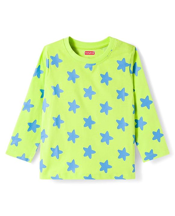 Babyhug Cotton Knit Full Sleeves T-Shirt & Pyjama Co-ord Night Suit with Star Print - Lime Green
