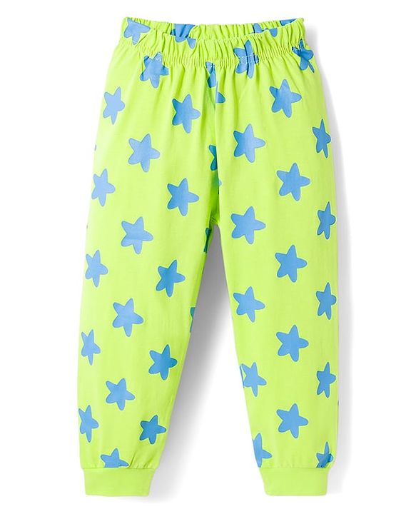 Babyhug Cotton Knit Full Sleeves T-Shirt & Pyjama Co-ord Night Suit with Star Print - Lime Green