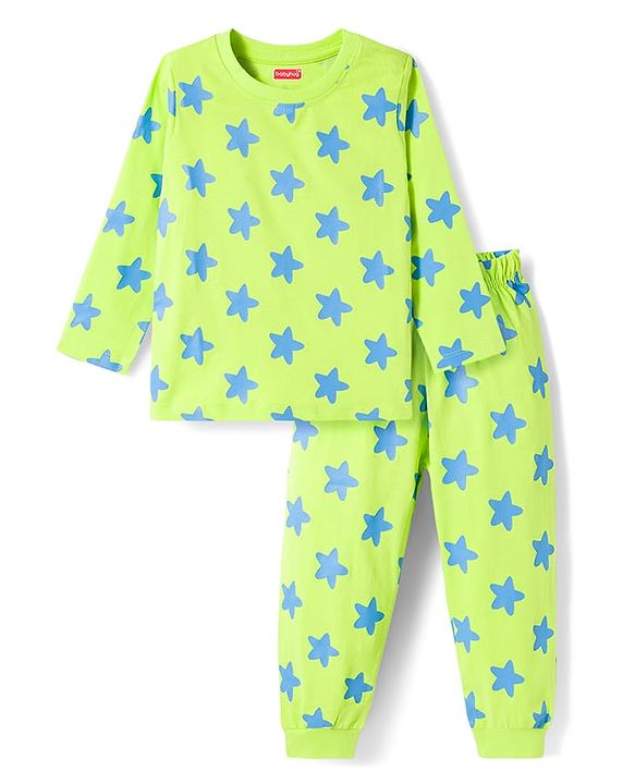 Babyhug Cotton Knit Full Sleeves T-Shirt & Pyjama Co-ord Night Suit with Star Print - Lime Green