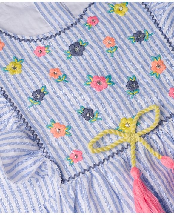 Babyhug Woven Half Frill Sleeves Floral Embroidered & Striped Frock - Light Blue