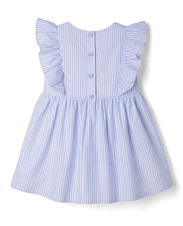 Babyhug Woven Half Frill Sleeves Floral Embroidered & Striped Frock - Light Blue