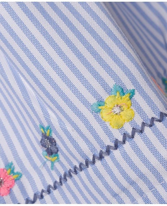 Babyhug Woven Half Frill Sleeves Floral Embroidered & Striped Frock - Light Blue