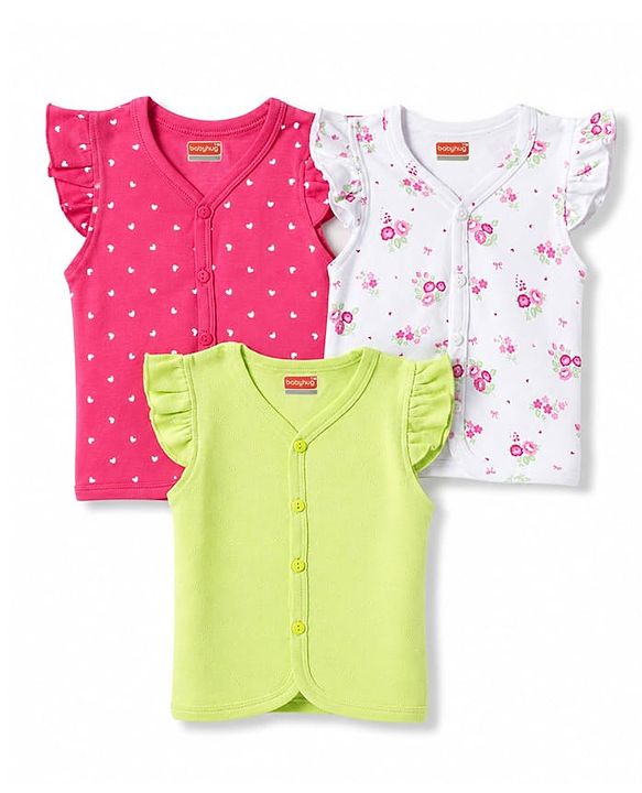 Babyhug 100% Cotton Interlock Woven Sleeveless Jhablas with Hearts & Floral Print Pack Of 3 - Pink White & Green