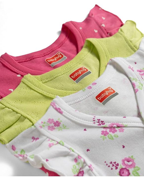 Babyhug 100% Cotton Interlock Woven Sleeveless Jhablas with Hearts & Floral Print Pack Of 3 - Pink White & Green
