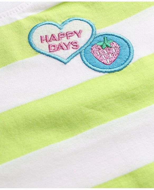 Babyhug 100% Cotton Striped T-Shirt with Half Sleeves and Happy Days Embroidery in Lime Green