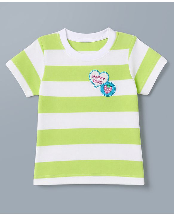 Babyhug 100% Cotton Striped T-Shirt with Half Sleeves and Happy Days Embroidery in Lime Green