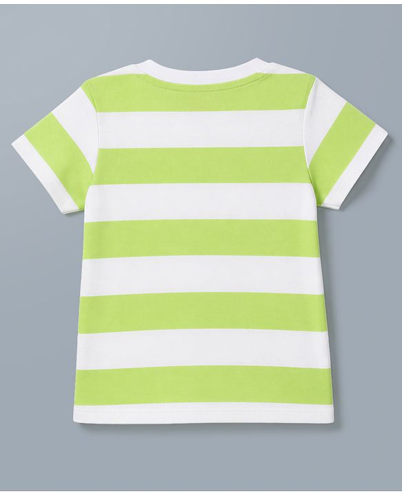 Babyhug 100% Cotton Striped T-Shirt with Half Sleeves and Happy Days Embroidery in Lime Green