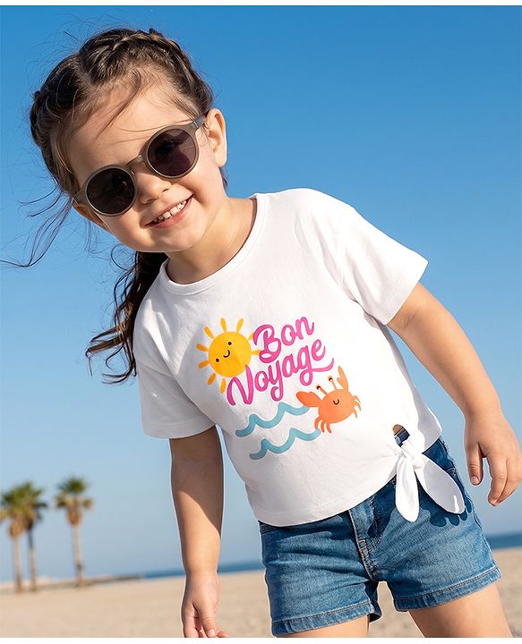 Babyhug 100% Cotton Knit Half Sleeves T-Shirt With Beach Theme - White
