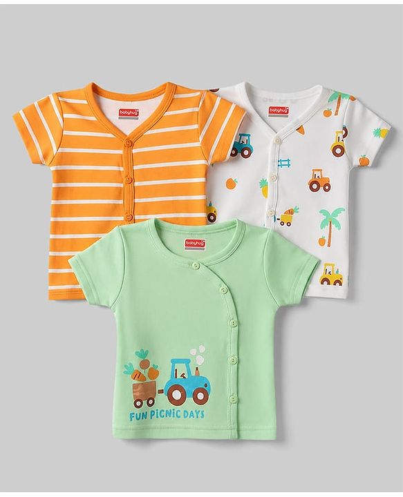 Babyhug 100% Cotton Interlock Knit Half Sleeves Front Open Striped & Car Printed Jhablas Pack of 3 - Orange White & Green