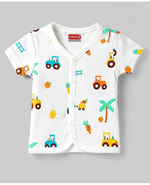 Babyhug 100% Cotton Interlock Knit Half Sleeves Front Open Striped & Car Printed Jhablas Pack of 3 - Orange White & Green