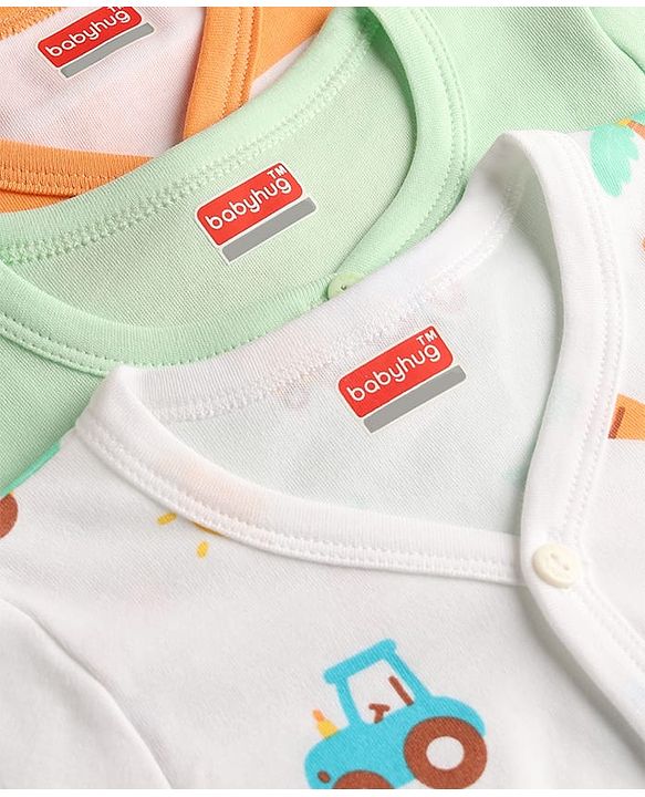 Babyhug 100% Cotton Interlock Knit Half Sleeves Front Open Striped & Car Printed Jhablas Pack of 3 - Orange White & Green