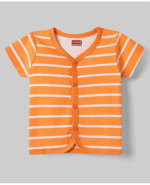 Babyhug 100% Cotton Interlock Knit Half Sleeves Front Open Striped & Car Printed Jhablas Pack of 3 - Orange White & Green