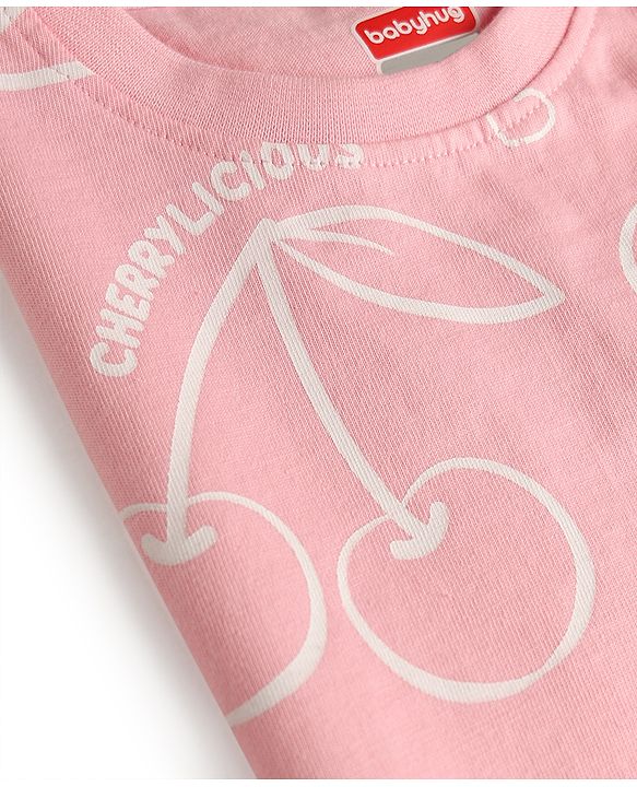 Babyhug 100% Cotton Knit Half Sleeves Cherry Printed T-Shirt - Pink