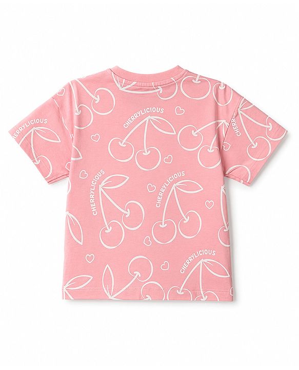 Babyhug 100% Cotton Knit Half Sleeves Cherry Printed T-Shirt - Pink