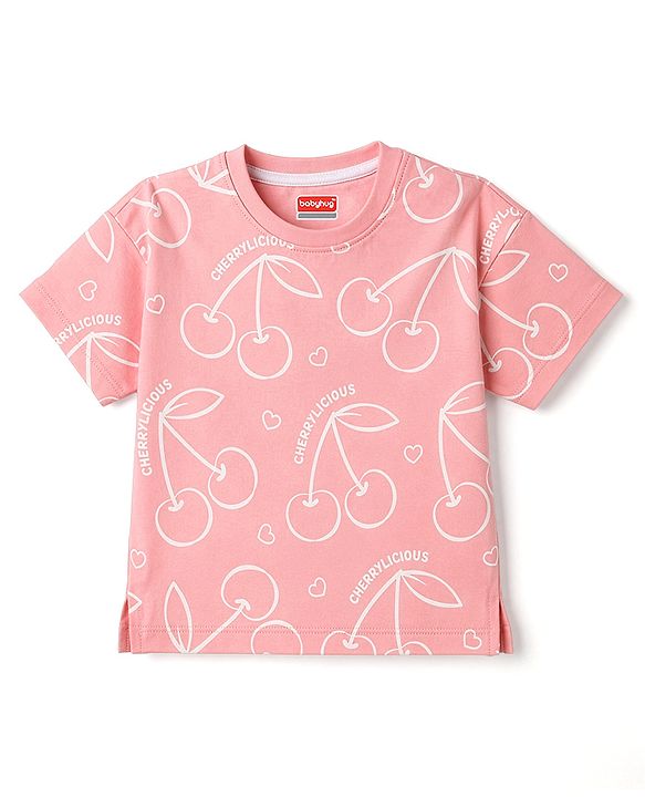 Babyhug 100% Cotton Knit Half Sleeves Cherry Printed T-Shirt - Pink