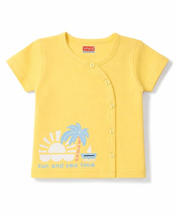 Babyhug 100% Cotton Interlock Knit Half Sleeves Striped Jhablas with Tropical Print Pack Of 3 - White & Yellow