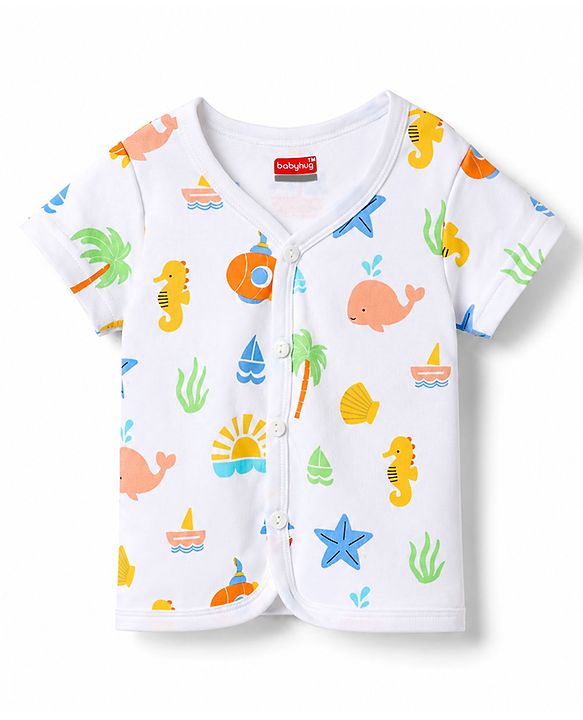 Babyhug 100% Cotton Interlock Knit Half Sleeves Striped Jhablas with Tropical Print Pack Of 3 - White & Yellow