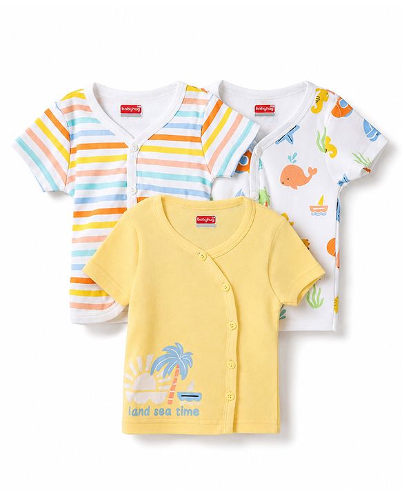 Babyhug 100% Cotton Interlock Knit Half Sleeves Striped Jhablas with Tropical Print Pack Of 3 - White & Yellow