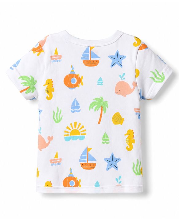 Babyhug 100% Cotton Interlock Knit Half Sleeves Striped Jhablas with Tropical Print Pack Of 3 - White & Yellow