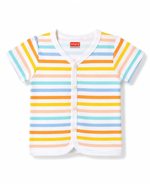 Babyhug 100% Cotton Interlock Knit Half Sleeves Striped Jhablas with Tropical Print Pack Of 3 - White & Yellow