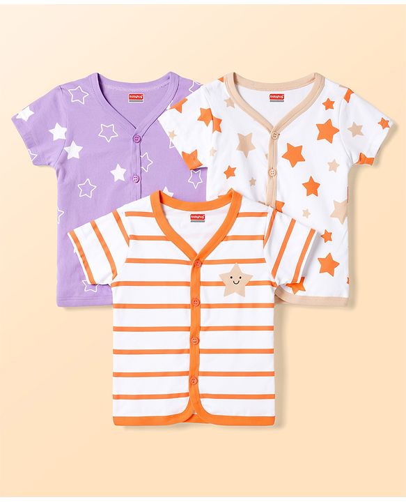 Babyhug 100% Cotton Interlock Knit Half Sleeves Front Open Striped Jhablas with Star Print Pack of 3 -White & Purple