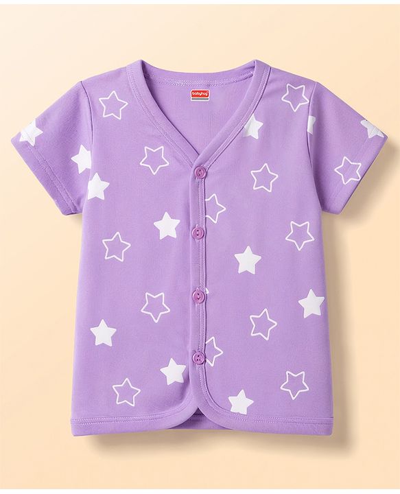 Babyhug 100% Cotton Interlock Knit Half Sleeves Front Open Striped Jhablas with Star Print Pack of 3 -White & Purple