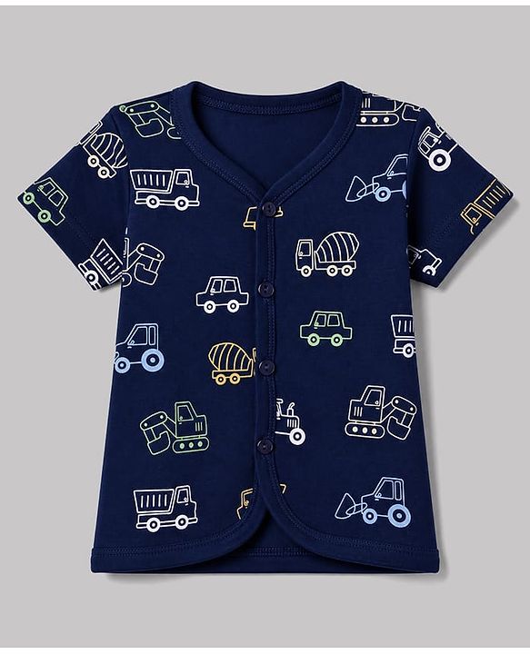 Babyhug 100% Cotton Interlock Knit Half Sleeves Front Open Striped Jhablas With Vehicle Print Pack of 3 - Light Green, Navy Blue & White