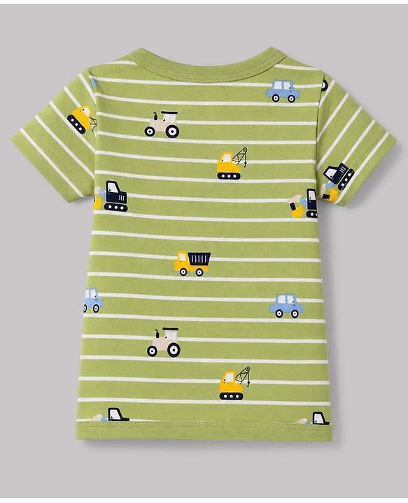 Babyhug 100% Cotton Interlock Knit Half Sleeves Front Open Striped Jhablas With Vehicle Print Pack of 3 - Light Green, Navy Blue & White