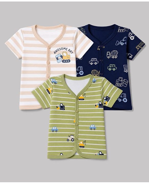 Babyhug 100% Cotton Interlock Knit Half Sleeves Front Open Striped Jhablas With Vehicle Print Pack of 3 - Light Green, Navy Blue & White