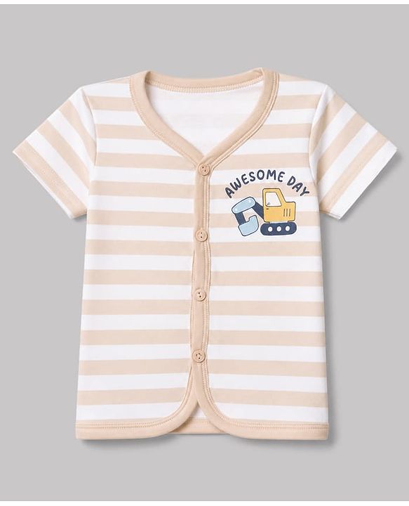 Babyhug 100% Cotton Interlock Knit Half Sleeves Front Open Striped Jhablas With Vehicle Print Pack of 3 - Light Green, Navy Blue & White