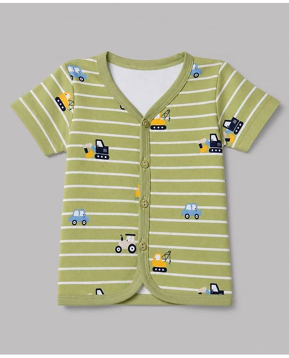 Babyhug 100% Cotton Interlock Knit Half Sleeves Front Open Striped Jhablas With Vehicle Print Pack of 3 - Light Green, Navy Blue & White