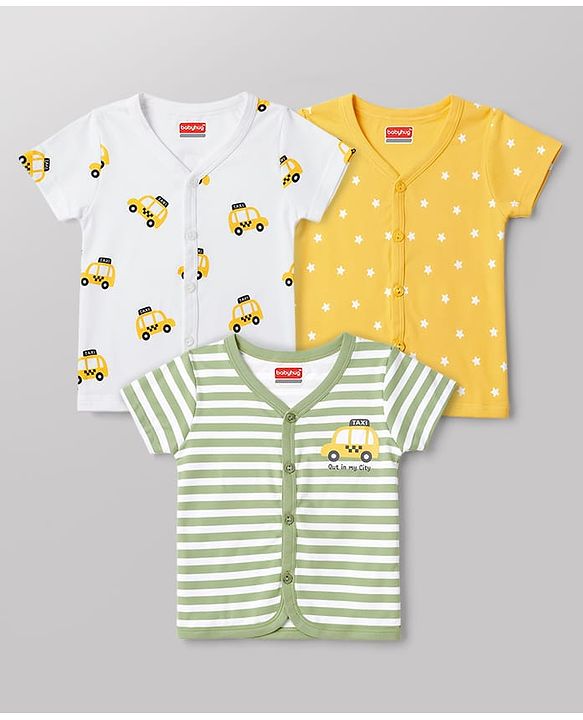 Babyhug 100% Cotton Interlock Knit Half Sleeves Striped Jhablas with Vehicle & Star Print Pack Of 3 - White Green & Yellow
