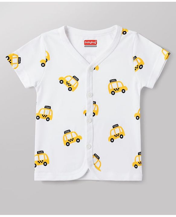 Babyhug 100% Cotton Interlock Knit Half Sleeves Striped Jhablas with Vehicle & Star Print Pack Of 3 - White Green & Yellow