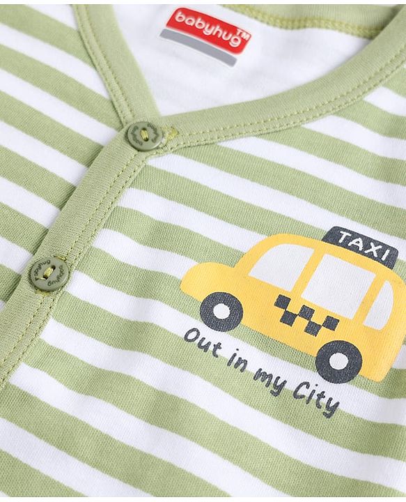 Babyhug 100% Cotton Interlock Knit Half Sleeves Striped Jhablas with Vehicle & Star Print Pack Of 3 - White Green & Yellow