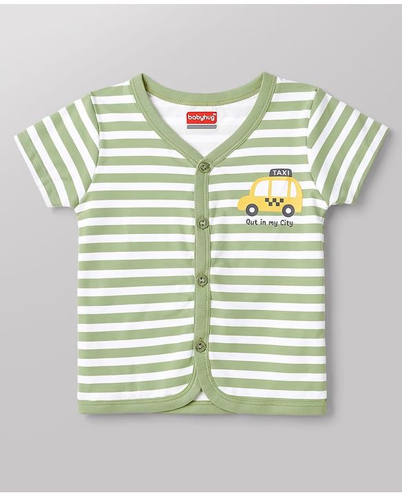 Babyhug 100% Cotton Interlock Knit Half Sleeves Striped Jhablas with Vehicle & Star Print Pack Of 3 - White Green & Yellow