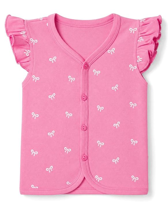 Babyhug 100% Cotton Interlock Knit Half Sleeves Front Open Jhablas With Teddy Bear & Bow Print Pack of 3 - Pink, Dark Pink & Purple