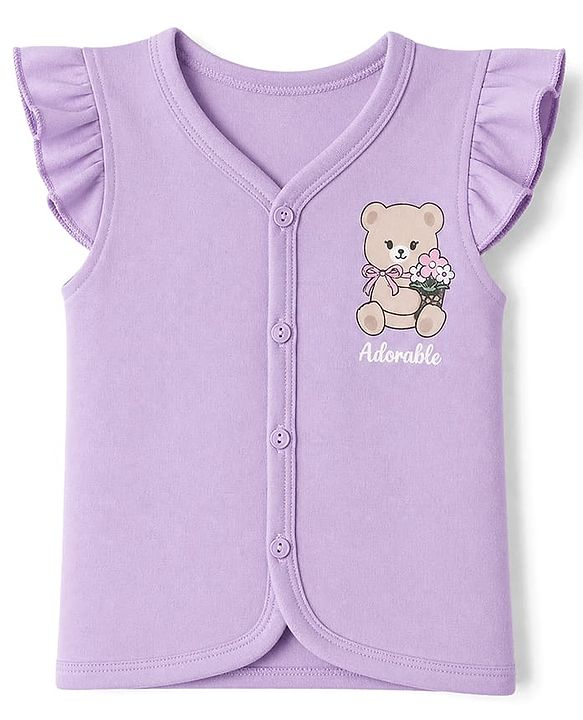 Babyhug 100% Cotton Interlock Knit Half Sleeves Front Open Jhablas With Teddy Bear & Bow Print Pack of 3 - Pink, Dark Pink & Purple