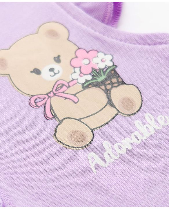 Babyhug 100% Cotton Interlock Knit Half Sleeves Front Open Jhablas With Teddy Bear & Bow Print Pack of 3 - Pink, Dark Pink & Purple